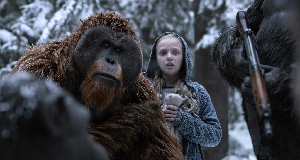 This image released by Twentieth Century Fox shows Karin Konoval, left, and Amiah Miller in 'War for the Planet of the Apes.' (Twentieth Century Fox via AP)