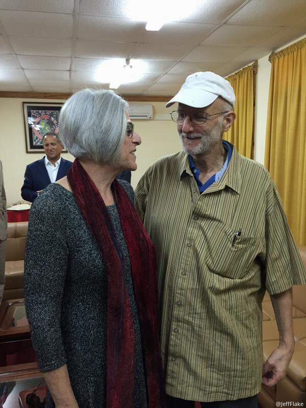 This handout photo from the Twitter account of Sen. Jeff Flake, R-Ariz. shows Alan Gross with his wife Judy before leaving Cuba, Wednesday, Dec. 17, 2014. (AP Photo/Jeff Flake)