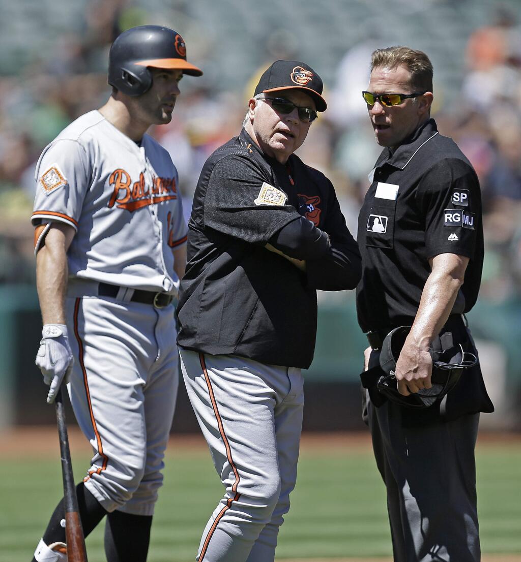 Baltimore Orioles manager Buck Showalter, center, argues with home plate umpire Jim Wolf, right, in the second inning of a baseball game against the Oakland Athletics Sunday, Aug. 13, 2017, in Oakland, Calif. Orioles' Seth Smith, left, looks on. (AP Photo/Ben Margot)