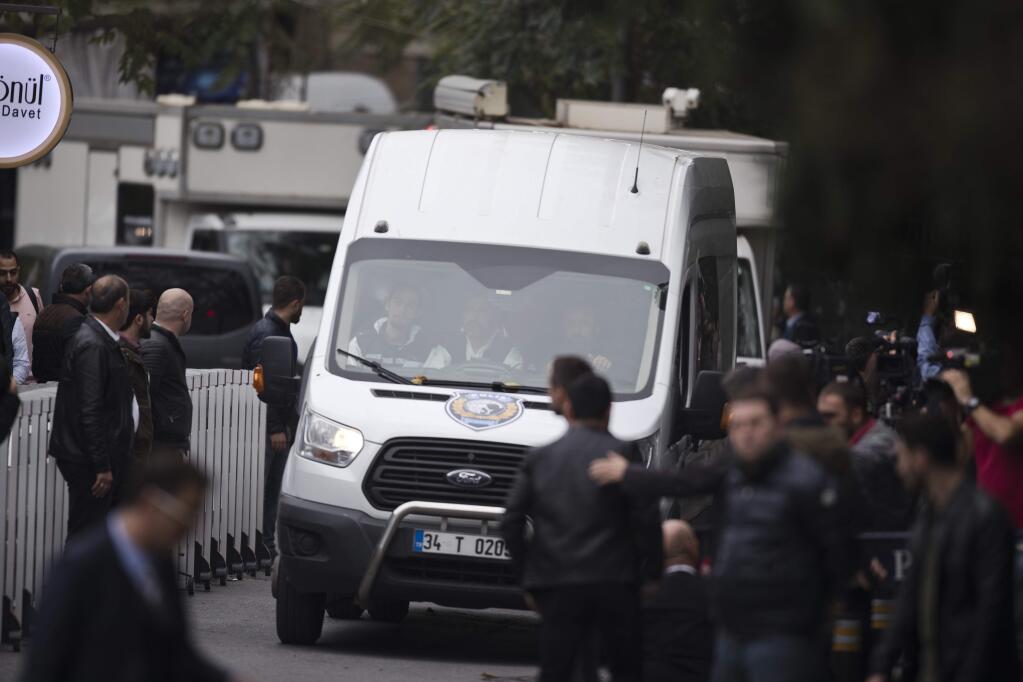 Turkish police officers arrive with their vehicles to the Saudi Arabia consul's residence, in Istanbul, Wednesday, Oct. 17, 2018. America's top diplomat is in Turkey, where a strongly pro-government newspaper has published a gruesome recounting of the alleged slaying of Saudi writer Jamal Khashoggi at the Saudi Consulate in Istanbul. (AP Photo/Petros Giannakouris)
