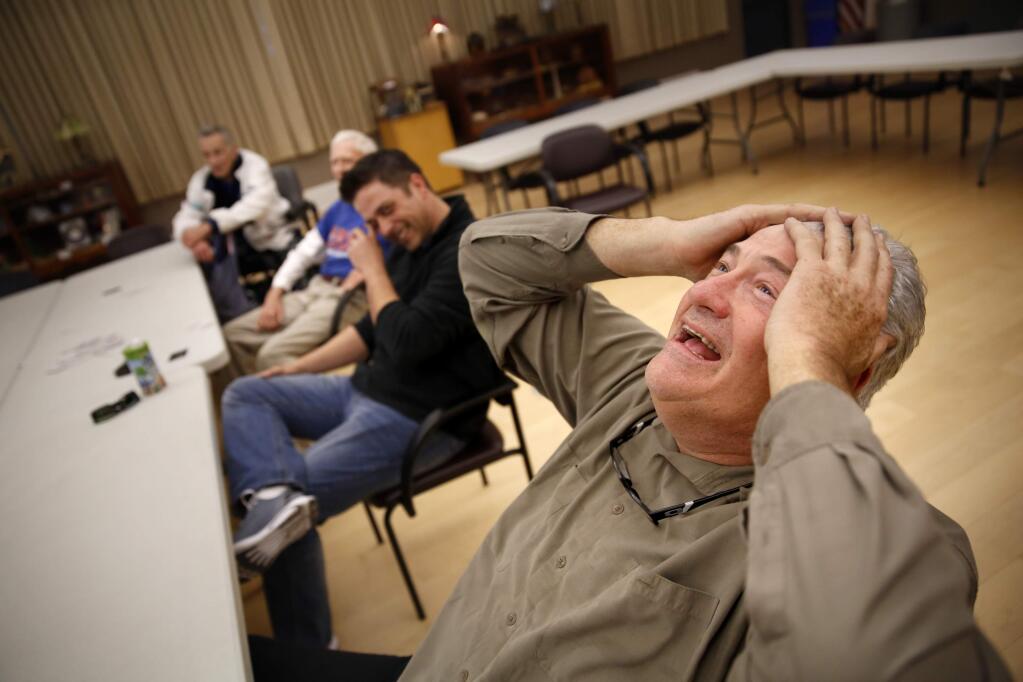 PHOTO: 1 by BETH SCHLANKER / The Press Democrat -Michael Pritchard, an Army veteran and mentor with the Walking Point Foundation, participates in a game at a comedy improvisation group meeting last month at the Veterans Home of California-Yountville.