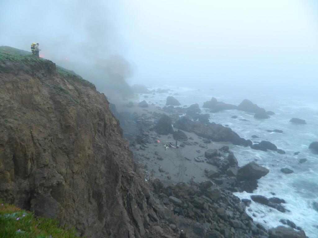 Firefighters and emergency personnel responded Saturday to a solo-vehicle crash over a cliff on the Sonoma Coast. (Pat Paterson)