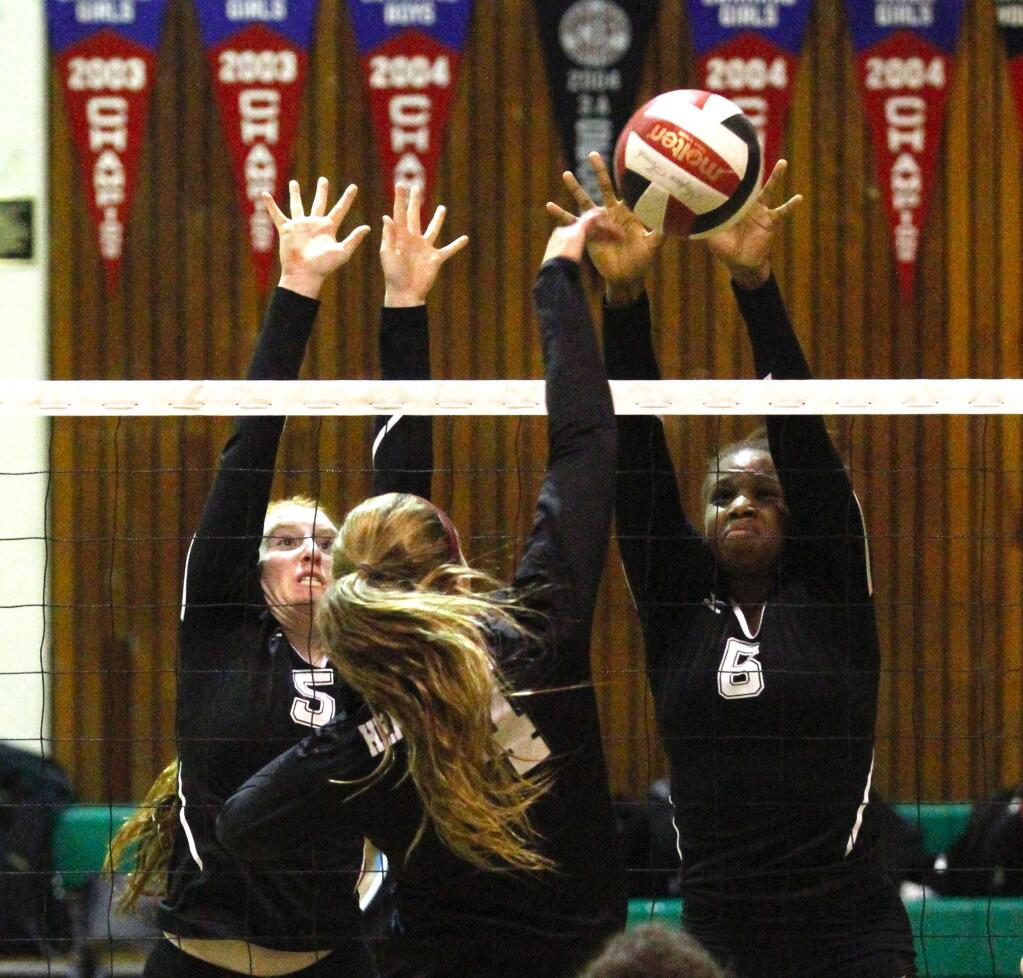 Bill Hoban/Index-TribuneSonoma's Kayla Field (5) and Kiara Miles (6) got up for a block in Tuesday's opening round game of the Sonoma County League Tournament. The Lady Dragons swept Healdsburg 3-0.