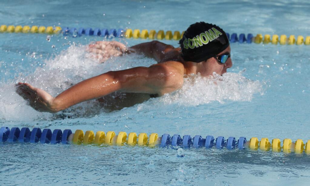 Bill Hoban/Index-Tribune file photoSonoma's Dominic Tommasi won two events on March 16, as the Sonoma Valley High boys and girls swim teams both beat the Petaluma boys and girls teams. Sonoma hosts Healdsburg on Thursday, March 30, at the Sonoma Aquatic Club.