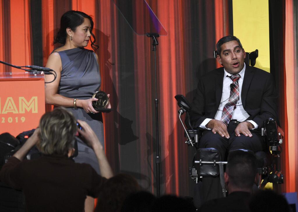 New York City's commissioner of media and entertainment Anne Del Castillo presents the Made in New York Award to filmmaker Jason DaSilva at the Independent Filmmaker Project's 29th Annual IFP Gotham Awards at Cipriani Wall Street, Monday Dec. 2, 2019, in New York. (Photo by Evan Agostini/Invision/AP)