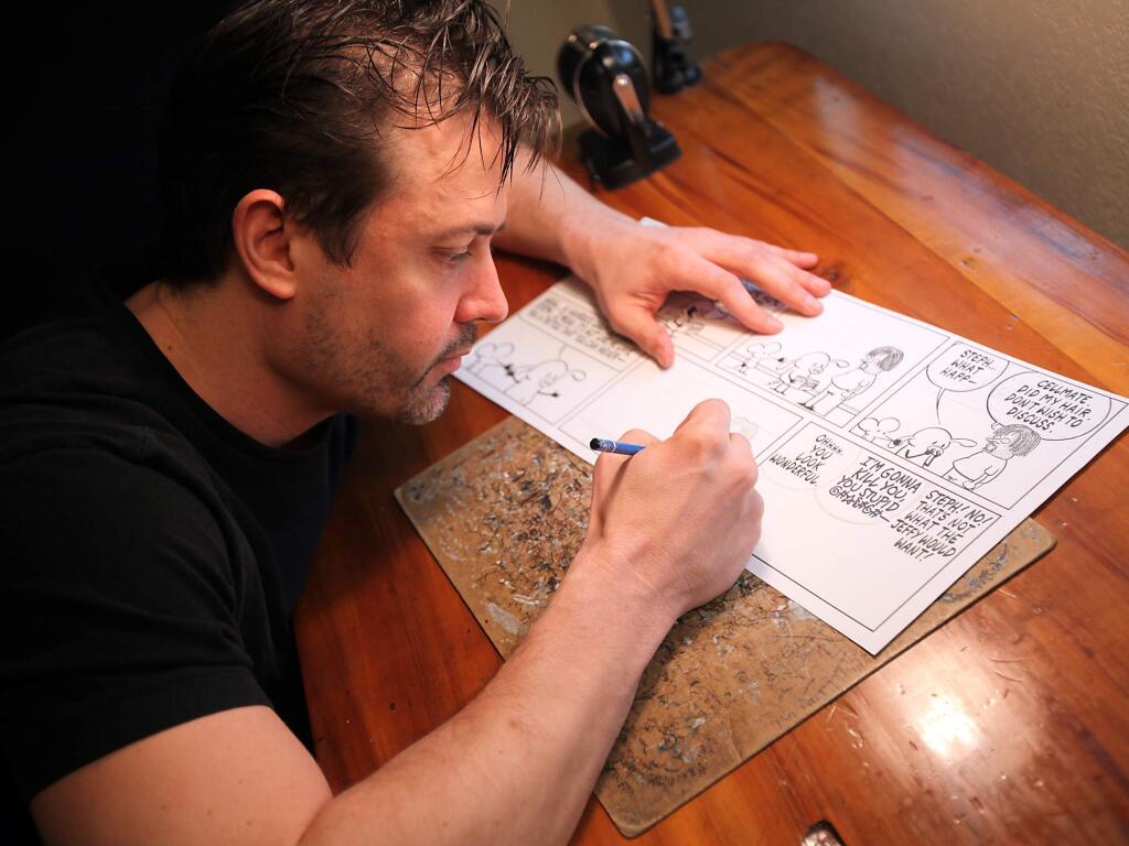 Cartoonist Stephan Pastis works on his “Pearls Before Swine” comic strip in his Santa Rosa studio office on Tuesday, Jan. 11, 2011. (Press Democrat file,  2011)