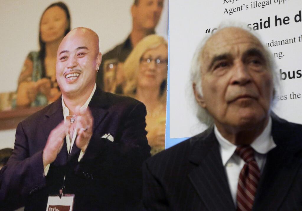 FILE - In this April 10, 2014 file photo, Tony Serra, right, an attorney for Raymond 'Shrimp Boy' Chow, pictured at left, listens to speakers at a news conference in San Francisco. (AP Photo/Jeff Chiu, File)