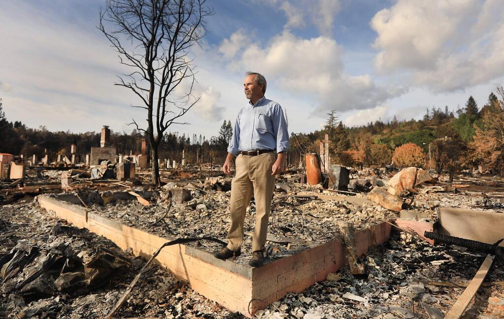 Santa Rosa mayor Chris Coursey, in Santa Rosa's Hidden Valley neighborhood, that was razed by the Tubbs fire, Friday Oct. 20, 2017. (Kent Porter / Press Democrat) 2017