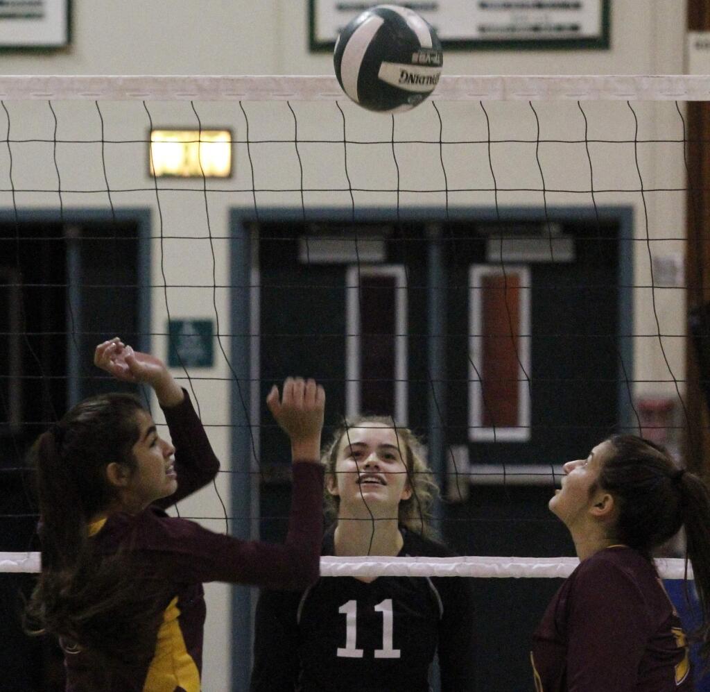 Bill Hoban/Index-TribuneSonoma's Layla Schoeningh (#11) watches as a ball drops between two Piner players during Tuesday night's match. The Lady Dragons swept the Prospectors, 3-0. Sonoma has a big match Tuesday against league-leading Petaluma.