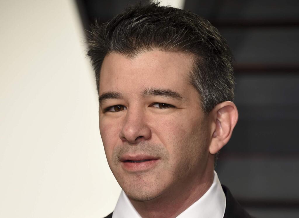 FILE - In this Sunday, Feb. 26, 2017, file photo, Uber CEO Travis Kalanick arrives at the Vanity Fair Oscar Party in Beverly Hills, Calif. Kalanick will take a leave of absence for an unspecified period and let his leadership team run the troubled ride-hailing company while he's gone. Kalanick told employees about his decision Tuesday, June 13, 2017, in a memo. (Photo by Evan Agostini/Invision/AP, File)