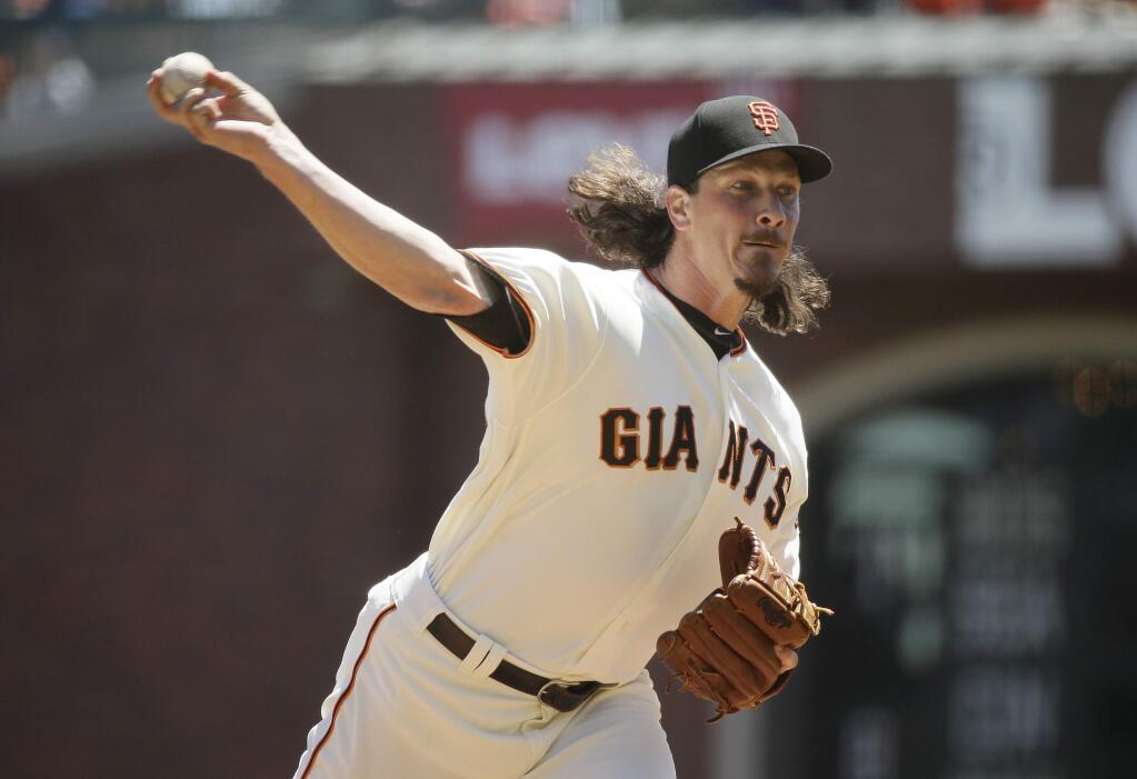 San Francisco Giants starting pitcher Jeff Samardzija works in the first inning against the Pittsburgh Pirates Wednesday, July 26, 2017, in San Francisco. (AP Photo/Eric Risberg)