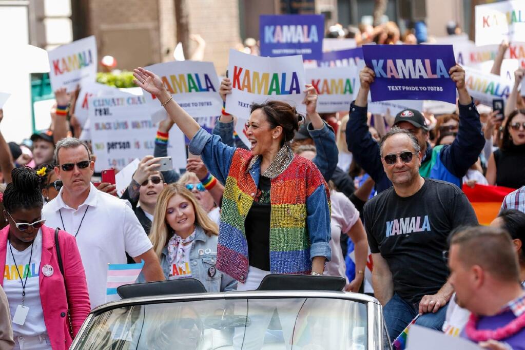 Presidential candidate and U.S. Sen. Kamala Harris waves to parade attendees during the San Francisco Pride parade, Sunday, June 30, 2019, in San Francisco. (Josie Norris/San Francisco Chronicle via AP)