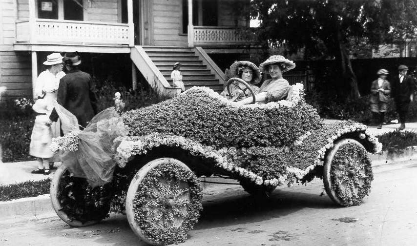 Sonoma County residents love their festivals. We have been celebrating the Luther Burbank Rose Parade and Festival since the 1890s. In this photo a roadster decorated for the Rose Parade in 1915. (Courtesy of the Sonoma County Library)