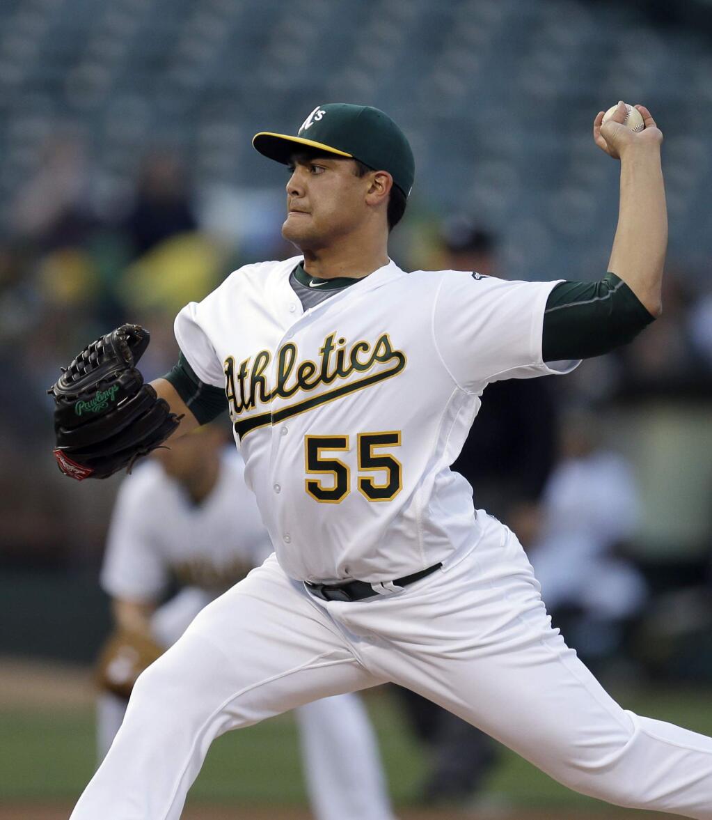 Oakland Athletics pitcher Sean Manaea works against the Texas Rangers in the first inning of a baseball game, Monday, May 16, 2016, in Oakland, Calif. (AP Photo/Ben Margot)