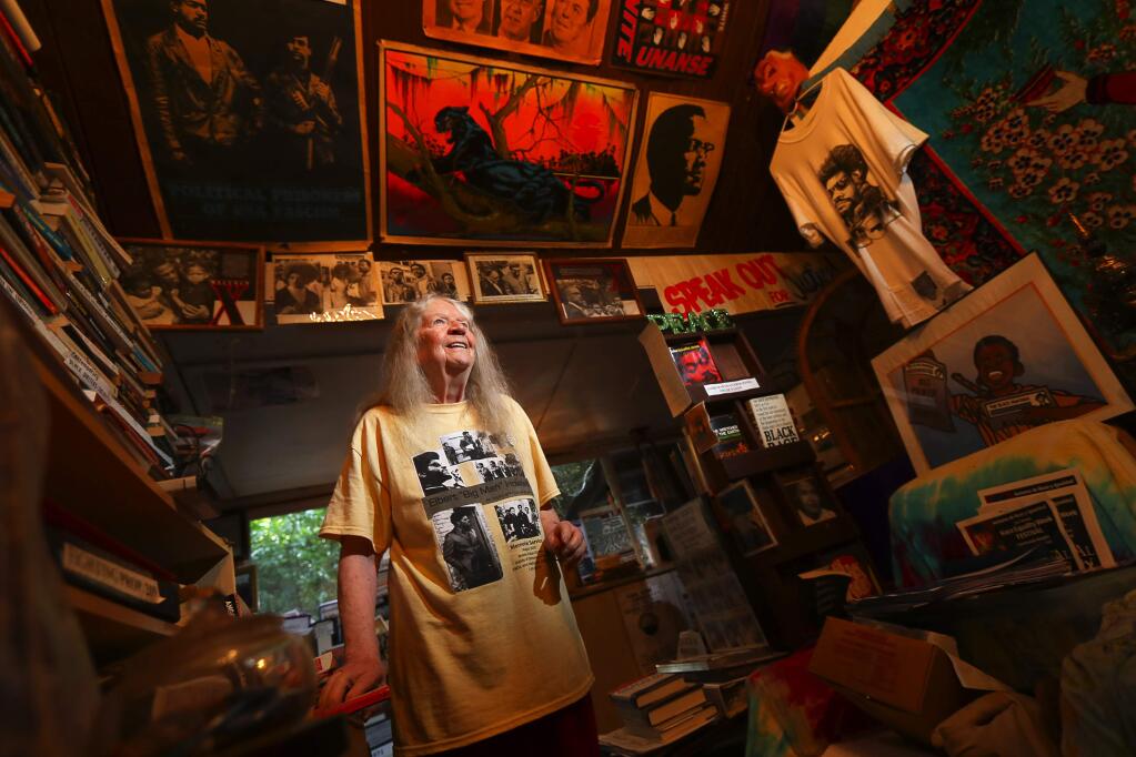 Lifelong liberal advocate Mary Moore's Occidental home is filled with all manner of political posters, flyers, newsletters and clippings. She recently donated a carload of items to the Bancroft Library at the University of California at Berkeley.(Christopher Chung/ The Press Democrat)