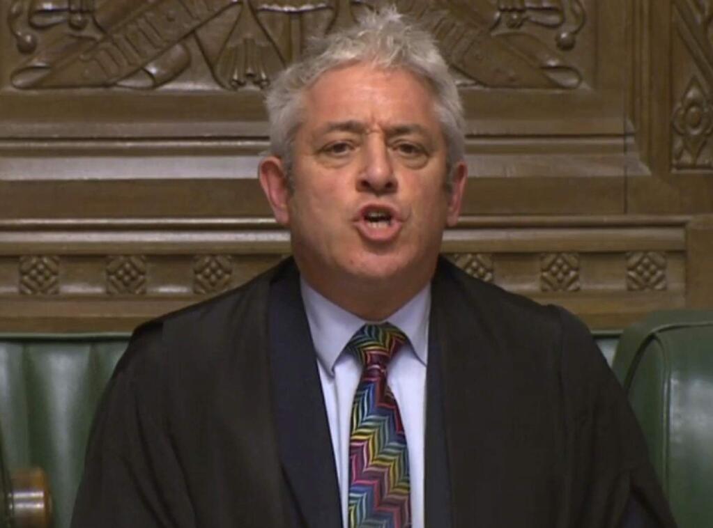 House of Commons Speaker John Bercow reads the result of a vote on the Prime Minister's Brexit deal in the House of Commons, London, Tuesday Jan. 15, 2019. UK Parliament rejected Prime Minister Theresa May's Brexit deal with the European Union by 432 votes to 202 . (House of Commons/PA via AP)