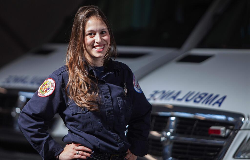 Robbi Pengelly/Index-TribuneSonoma native Carly Marmaduke, EMT, at American Medical Response Ambulance Service in Santa Rosa. She's been a paramedic for seven years.