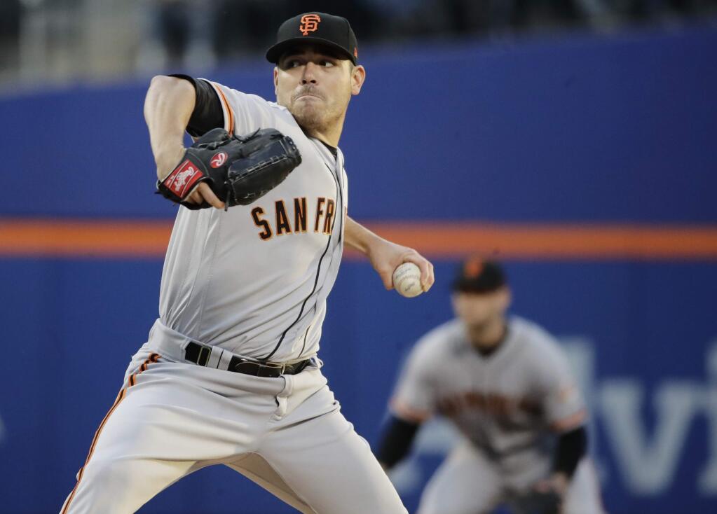 San Francisco Giants' Matt Moore delivers a pitch during the first inning of a baseball game against the New York Mets, Monday, May 8, 2017, in New York. (AP Photo/Frank Franklin II)