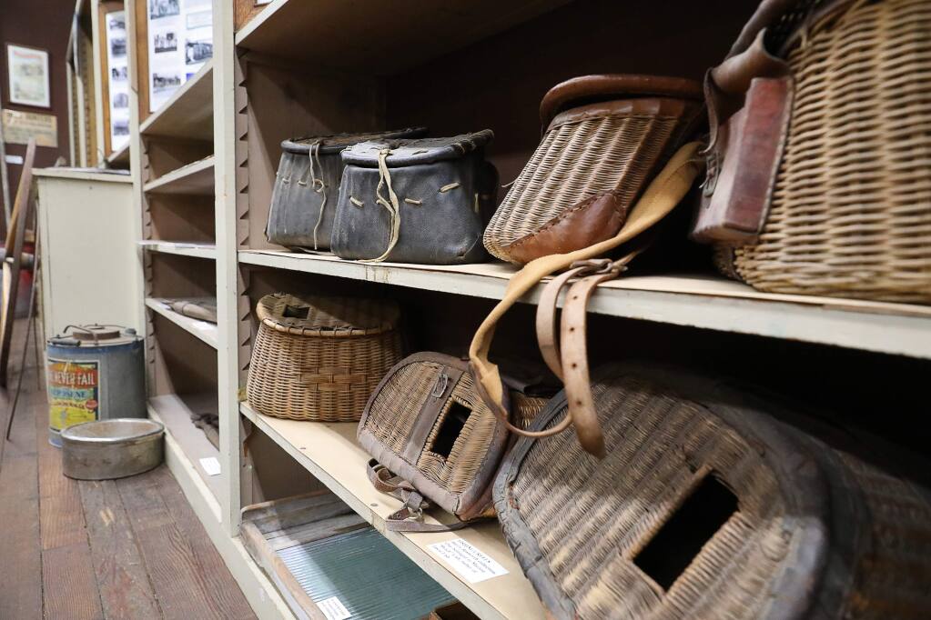 Antique fishing creels on display at the Geyserville Historical Society museum, located in the back of the Bosworth and Son Store in Geyserville.(Christopher Chung/ The Press Democrat)