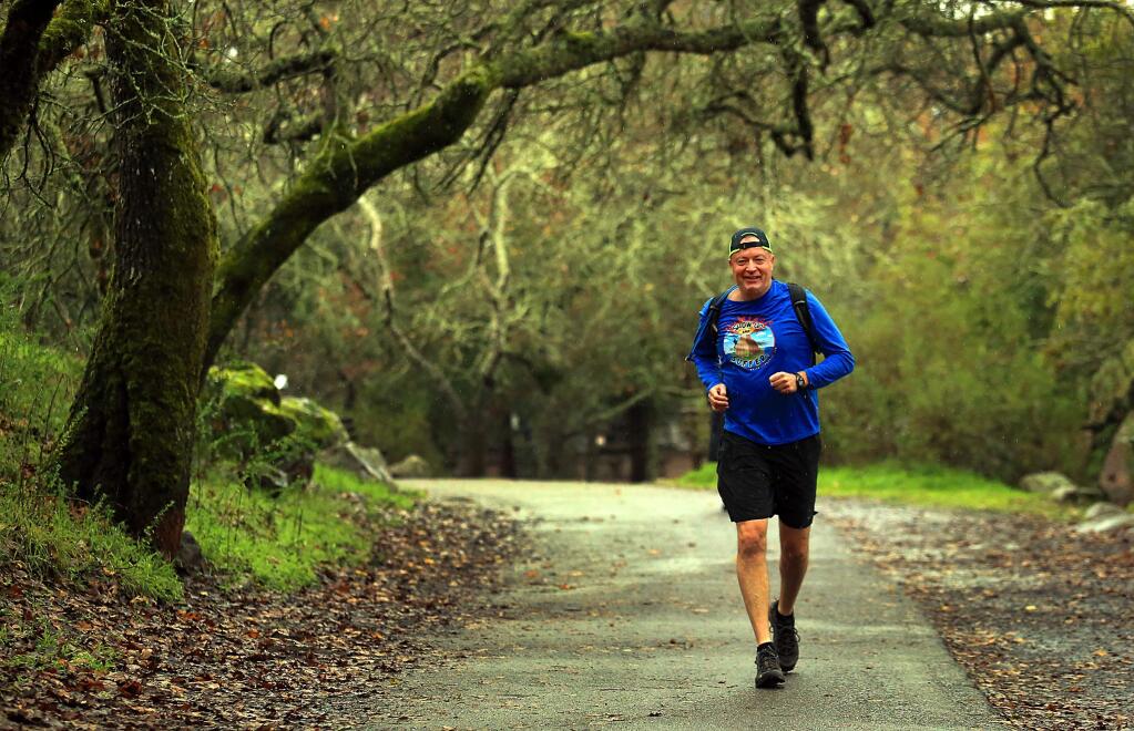 Endurance athlete Bill Bradley begins a 2-hour run in Howarth Park in Santa Rosa on Saturday, January 7, 2017. (John Burgess / The Press Democrat)