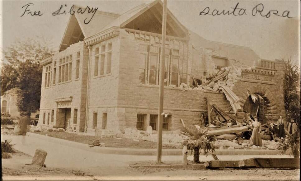 The Santa Rosa Carnegie Library is shown here after the 1906 earthquake. Andrew Carnegie contributed an additional $5,000 to rebuild the library after the quake. It reopened on Dec. 1, 1906. (Courtesy of the Sonoma County Library)
