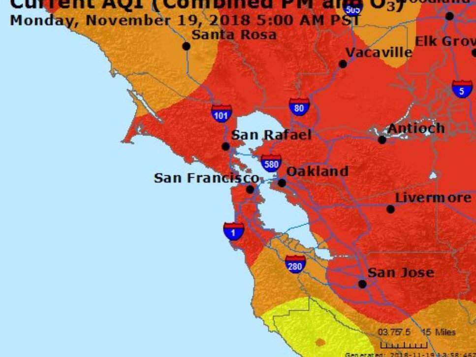 Picture shows air quality as of Monday, Nov. 19, 2018, at 5 a.m. See image below for live updates.