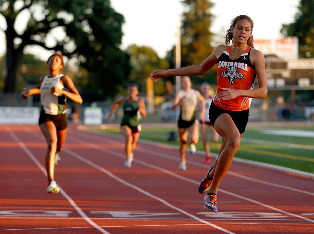 Santa Rosa High's Kirsten Carter competes at the North Bay League track finals at Santa Rosa High School on Friday, May 12, 2017. (Alvin Jornada / The Press Democrat)