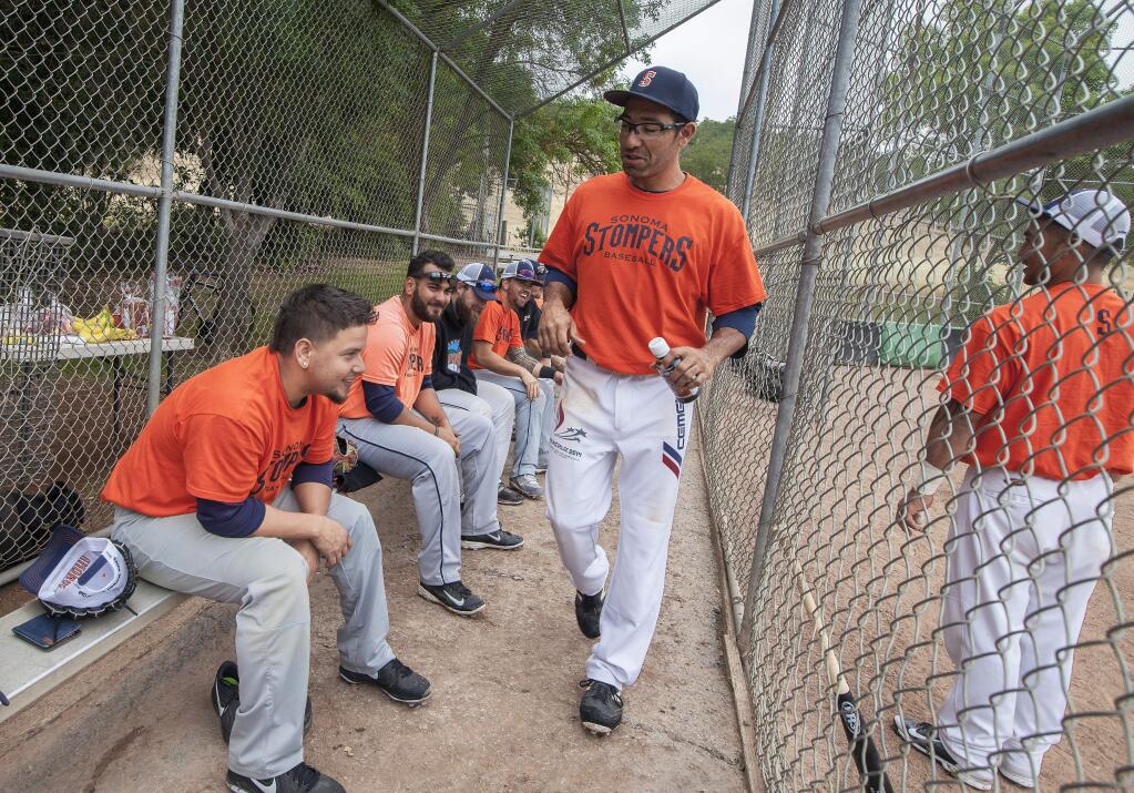 Stompers player-manager Feh Lentini reviews the troops during a recent exhibition game against the rival San Rafael Pacifics. (Robbi Pengelly/Index-Tribune)
