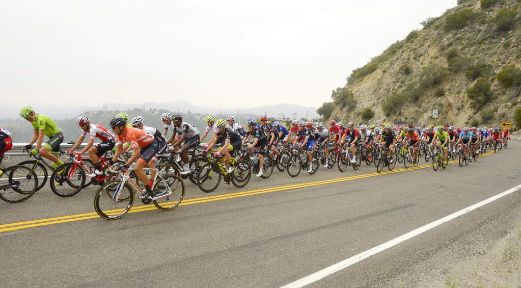 The peloton moves along Angeles Crest Highway during stage 2 of the Amgen Tour of California cycling race, Monday, May 16, 2016, in La Canada Flintridge, Calif. (AP Photo/Mark J. Terrill)