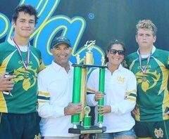 Ali Taylor, second from right, coached the Mira Costa High School boys rugby team to the Southern California rubgy championship last fall.