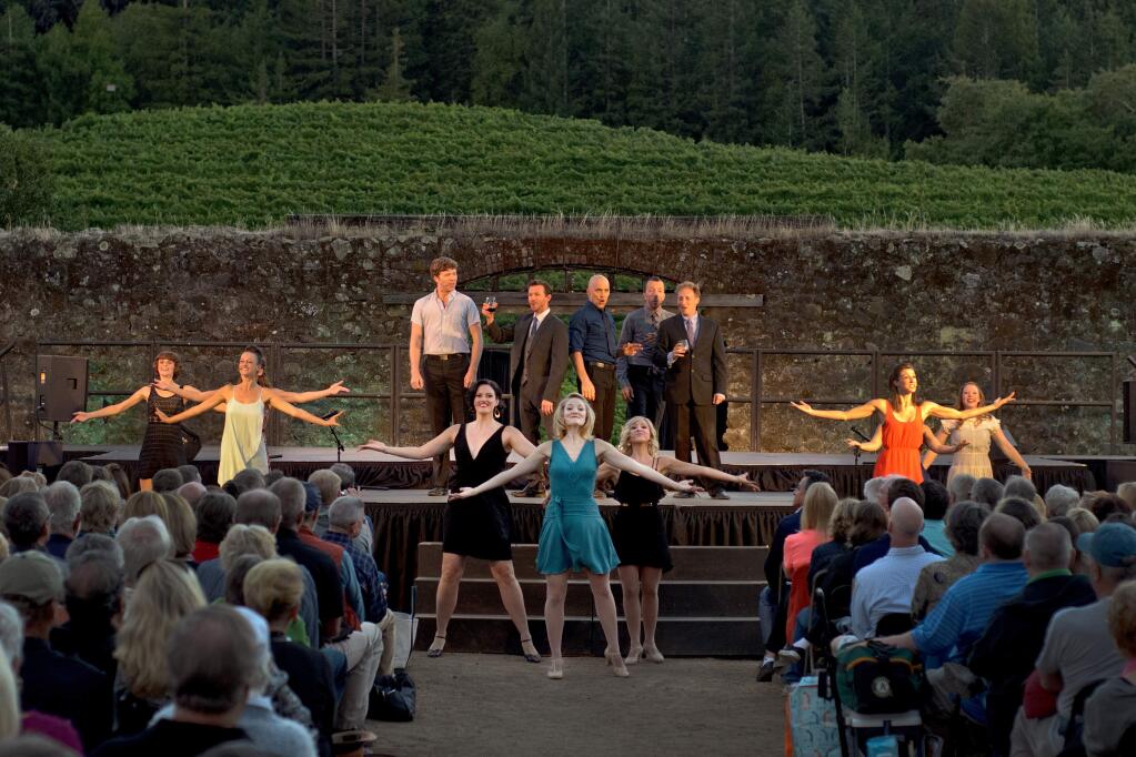 The Transcendence Theatre Company performs their opening number 'Let's Take A Glass Together' from the play Grand Hotel during their production, 'Broadway Under the Stars in Jack London State Park,' in Glen Ellen, Calif., on August 31, 2013. (Alvin Jornada / For The Press Democrat)