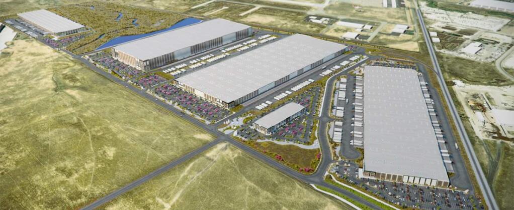 Aerial architectural rendering of the 218-acre Napa Logistics Park warehouse development in American Canyon. A 646,000-square-foot first building, seen at the rightmost part of the property was completed in early 2016. (NapaLogisticsPark.com)