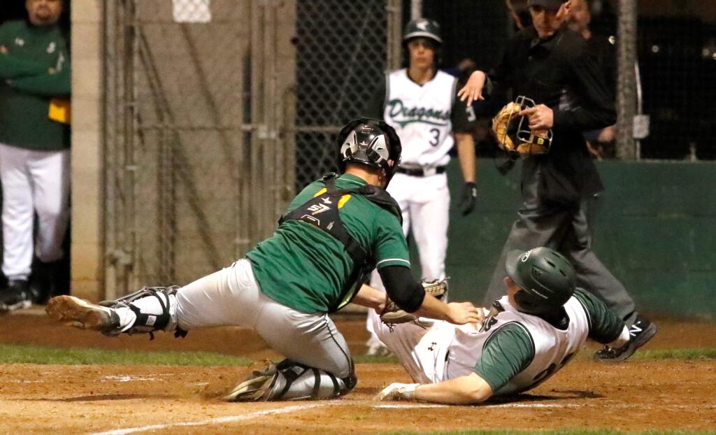 Sonoma's Dustin Pierce is tagged out at the plate during Friday's game against Casa. While Pierce didn't score, Austin Arrington later scored Sonoma's only run of the night – but that was all the Dragons needed as they beat Casa 1-0. (Bill Hoban / Special to the Index-Tribune)