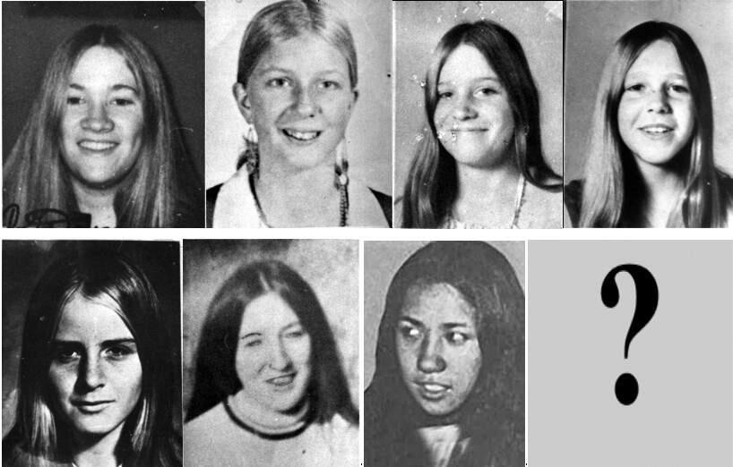 UNSOLVED - From early 1972 to 1979, the bodies of seven girls and young women were found in rural Santa Rosa, buried or dumped along steep embankments or in creek beds. All were found nude. Some had been raped, strangled or hogtied.The victims included (from top left) Santa Rosa Junior College student Kim Allen,19; Cook Junior High eighth-grader Lori Kursa, 13; Slater Junior High students Maureen Sterling, 12, and Yvonne Weber, 13; Shasta County resident Carolyn Davis, 14; young mother Theresa Walsh, 23; Jeannette Kamehele, 20, whose remains were never found; and an unidentified 19-year-old female with auburn hair.Some have suggested the killings were the work of the Zodiac killer who plagued the San Francisco Bay Area in the 1970s, others have connected the crimes to Ted Bundy, but no conclusive evidence of either allegation has been found.