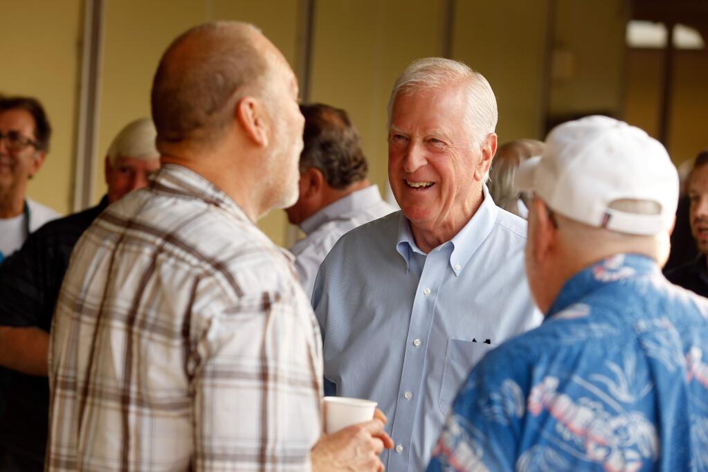 Congressman Mike Thompson, center, talks with Gary Wysocky during the North Bay Labor Council's annual pancake breakfast in Santa Rosa, California, on Monday, September 4, 2017. (Alvin Jornada / The Press Democrat)