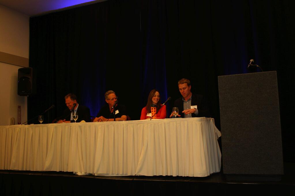 Speaking at North Bay Business Journal's Wine Success Planning event May 21, 2015, were, from left, Brian Hilliard, Jayson Pahlmeyer, Cleo Pahlmyer and Jamie Watson. (Cynthia Sweeney, North Bay Business Journal)