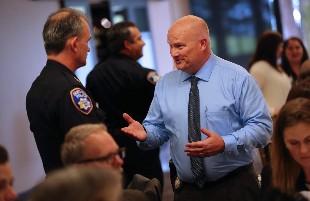 Sonoma County Sheriff Steve Freitas, seen speaking with Santa Rosa Police Chief Hank Schreederis the subject of a recall attempt. (CHRISTOPHER CHUNG / The Press Democrat, 2016)