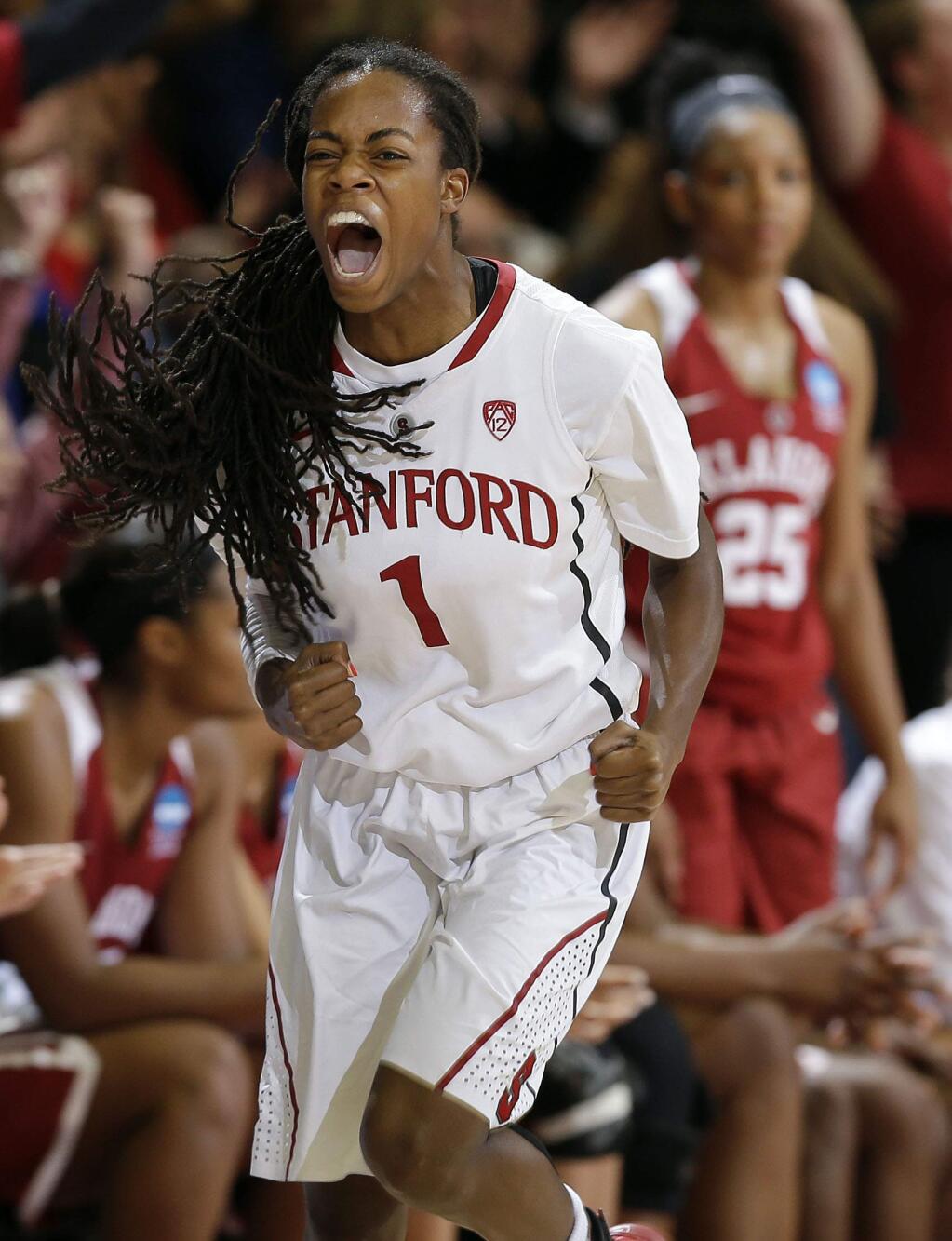 Stanford guard Lili Thompson (1) celebrates after scoring against Oklahoma during the first half of a women's college basketball game in the second round of the NCAA tournament Monday, March 23, 2015, in Stanford, Calif. (AP Photo/Marcio Jose Sanchez)