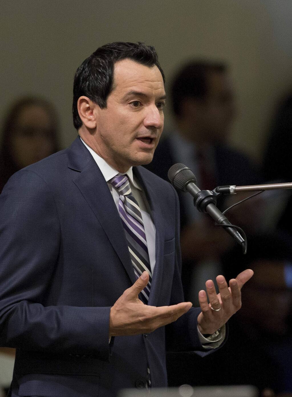 FILE - In this Aug. 24, 2016 file photo, Assembly Speaker Anthony Rendon, D-Paramount, addresses the the Assembly in Sacramento, Calif. A recall effort against Rendon, a strong progressive now targeted by party activists upset that he derailed a bill seeking government-funded health care for all. Rendon said he supports single-payer health care in concept, but SB562 was 'woefully incomplete.' The measure lacked key details about how a single-payer system would function, including a plan to raise the estimated $400 billion it would cost. (AP Photo/Rich Pedroncelli, File)