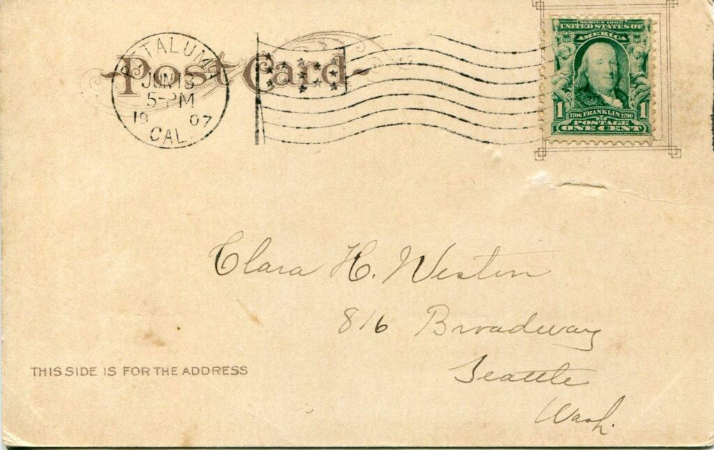 Address-side of a postcard mailed in 1907.(Courtesy of Mary Morganti, a descendant of the pioneer families of Hall and Weston)