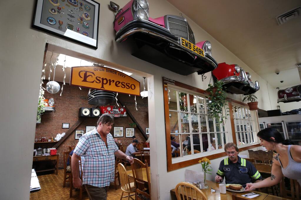 Don Taylor, left, owner of Omelette Express, works at the restaurant in the Railroad Square area of Santa Rosa on Thursday, August 8, 2019. (BETH SCHLANKER/ The Press Democrat)