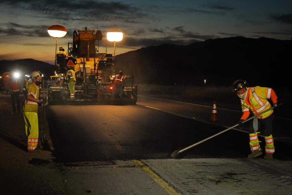 Crews with Caltrans this week will repave several northern Sonoma County Highway 101 ramps and a 1-mile section of Highway 128. The maintenance project is scheduled to be finished on Friday evening, Oct. 15. (Erik Castro / For The Press Democrat) 2020