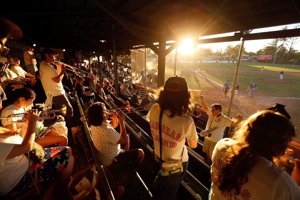 The Humboldt Crab Grass Band plays in the grandstand during the Healdburg Prune Packers baseball game against the Humboldt Crabs, in Healdsburg, California on Wednesday, June 22, 2016. (Alvin Jornada / The Press Democrat)