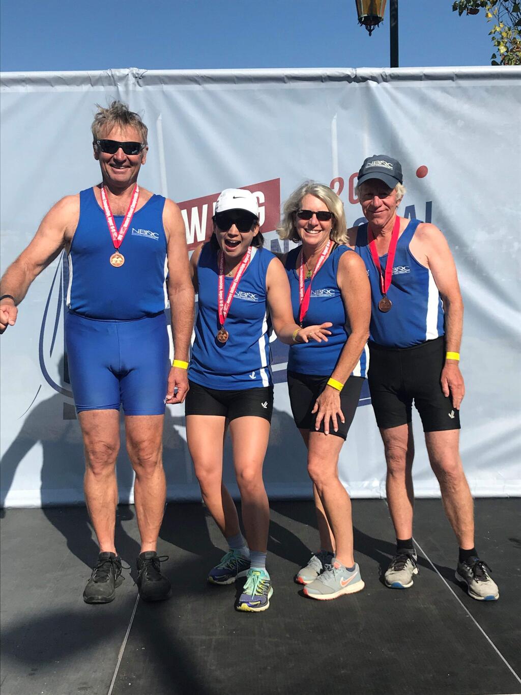 SUBMITTED PHOTOSteve Messner, Emma Chow, Anita Buckner, and Ned Orrett took third place in the mixed quad in the USRowing Masters National Championships.