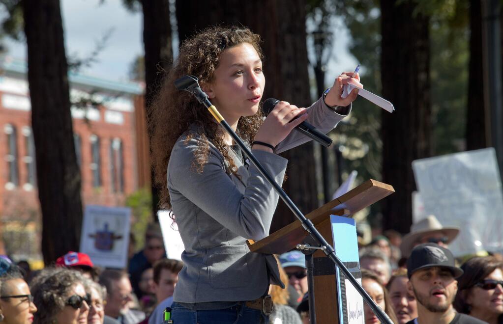 Lucia Garay, 15, a student at Casa Grande High School was an organizer of a gun-violence protest in Courthouse Square in Santa Rosa on Saturday as part of a national series of demonstrations including Washington D.C. (Photo by John Burgess/The Press Democrat)