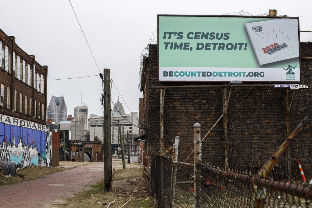A billboard promoting the 2020 census in Detroit, March 14, 2020. As the first invitations to complete forms for the census land in mailboxes this week, federal and local leaders are scrambling to counter the coronavirus pandemic that poses a last-minute threat to a decade's worth of preparation. (Brittany Greeson/The New York Times)