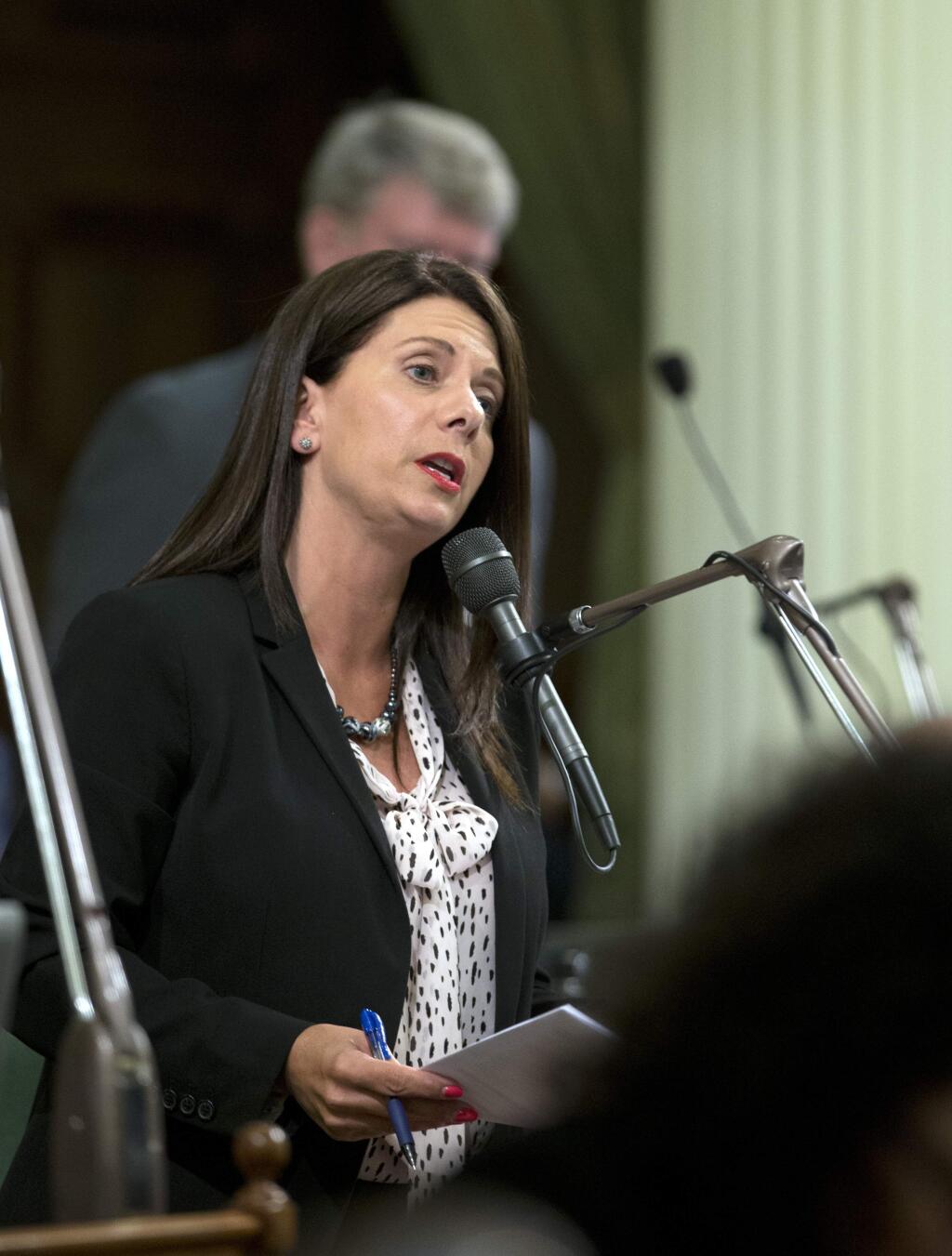 FILE - In this Aug. 18, 2016 file photo, Assemblywoman Melissa Melendez, R-Lake Elsinore, speaks at the Capitol, in Sacramento, Calif. Melendez is the prime sponsor of the bill the California Senate unanimously approved Thursday, Feb. 1, 2018, for whistleblower protections for legislative staff after four years of stonewalling the measure. The Senate's passage comes as the Legislature grapples with an ongoing sexual misconduct scandal that's prompted two members to resign and another to take a leave of absence. State employees receive whistleblower protections but they do not extend to legislative staff. (AP Photo/Rich Pedroncelli, File)