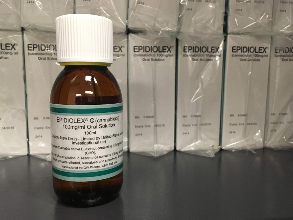 FILE - This May 23, 2017, file photo shows GW Pharmaceuticals' Epidiolex, a medicine made from the marijuana plant but without TCH. The medicine reduced seizures in children with severe forms of epilepsy and warrants approval in the United States, health officials said Tuesday, April 17, 2018. (AP Photo/Kathy Young, File)