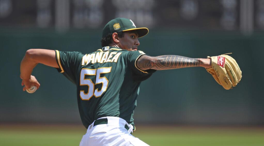 Oakland Athletics pitcher Sean Manaea works against the Houston Astros in the first inning of a baseball game Sunday, Aug. 19, 2018, in Oakland, Calif. (AP Photo/Ben Margot)