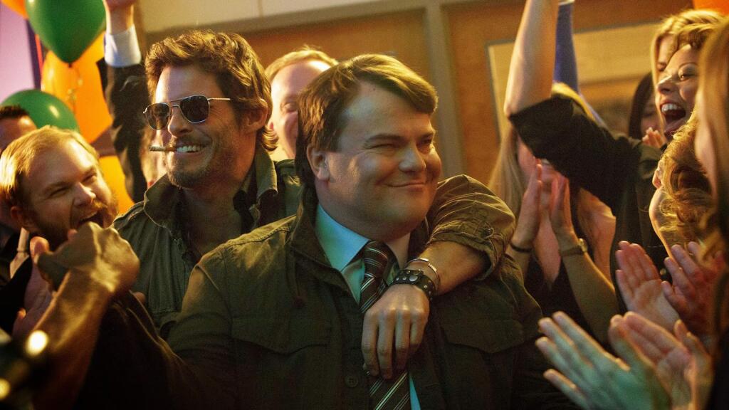 IFC FilmsJack Black as Dan, right, who is planning his high school's 20th reunion, has the idea of convincing Oliver Lawless (James Marsden, right), the most popular guy in his graduating class, to return, thinking that this will make people want to attend, in 'The D Train.'